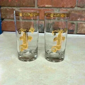 Hollywood Regency Barware Vintage Mid Century 60's Monogrammed F In Gold Tumbler